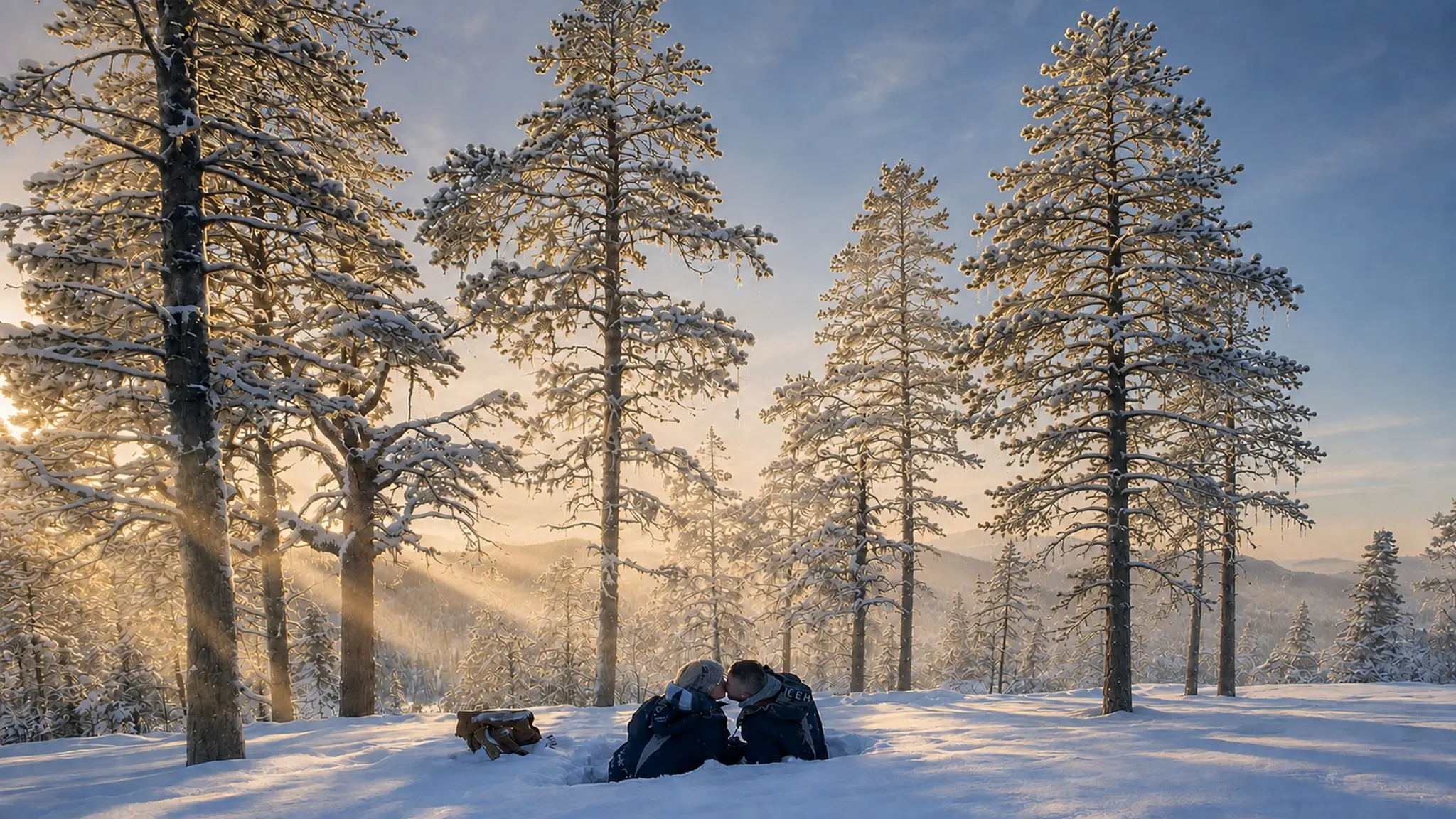 Couple beneath sunlit snow-covered pine trees