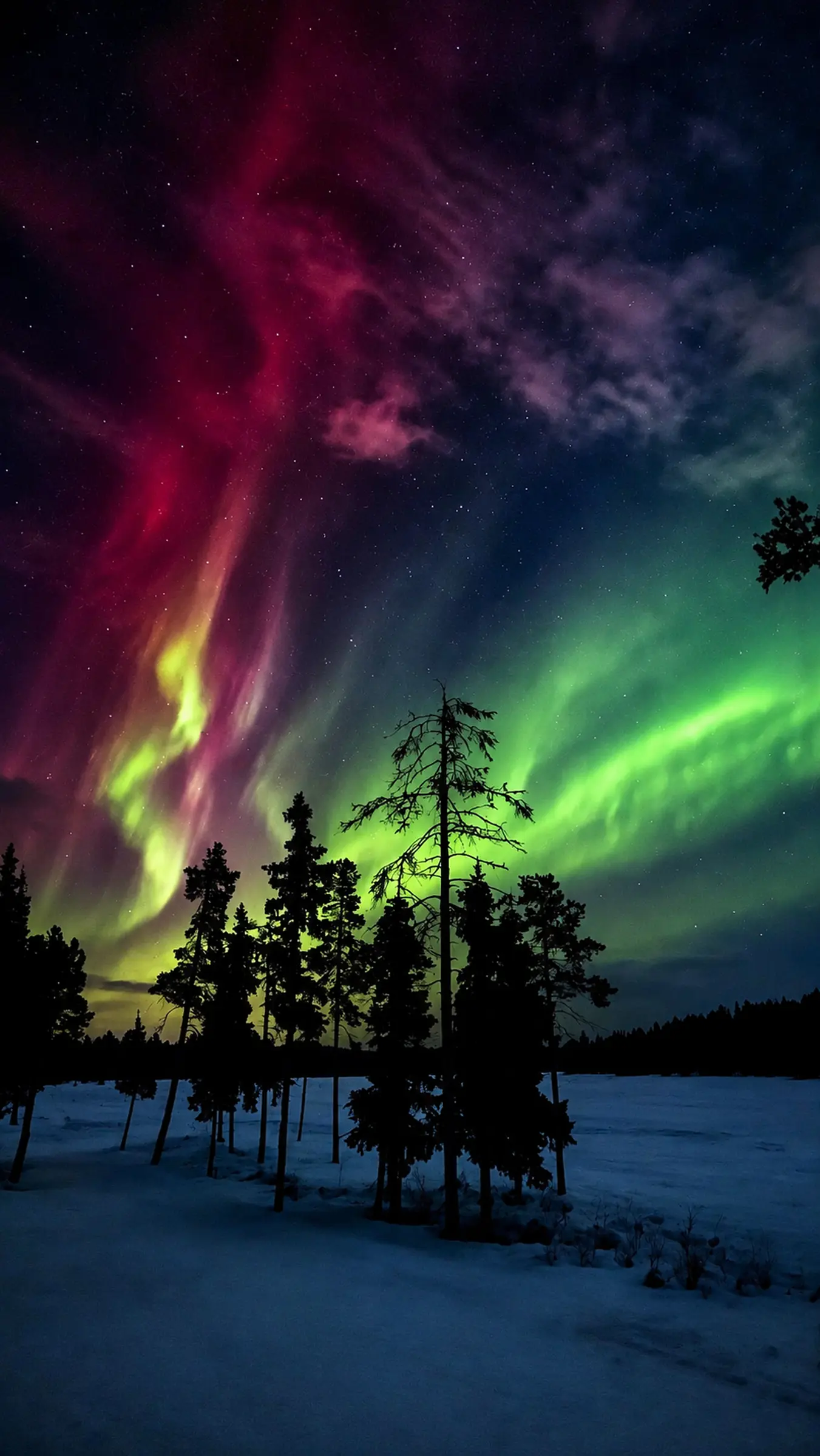 Green and magenta aurora above a snowy forest