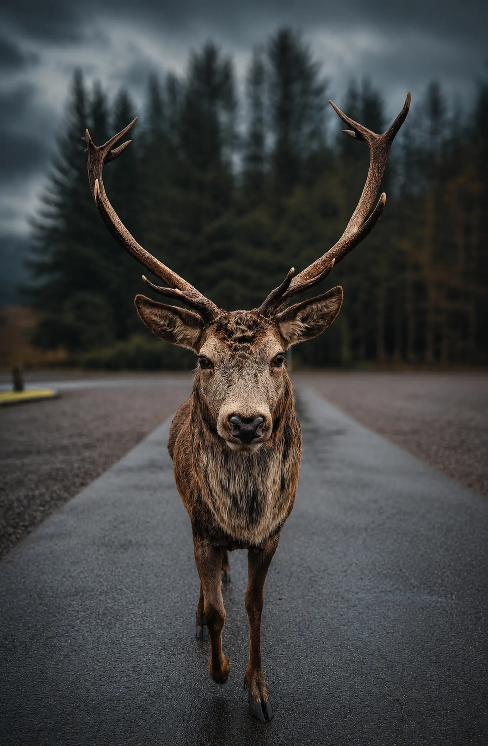 Red deer stag standing on a forest road