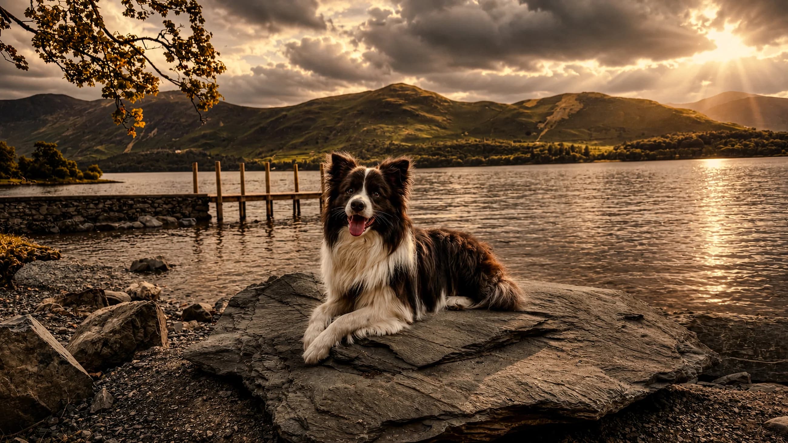 Border collie beside a mountain lake